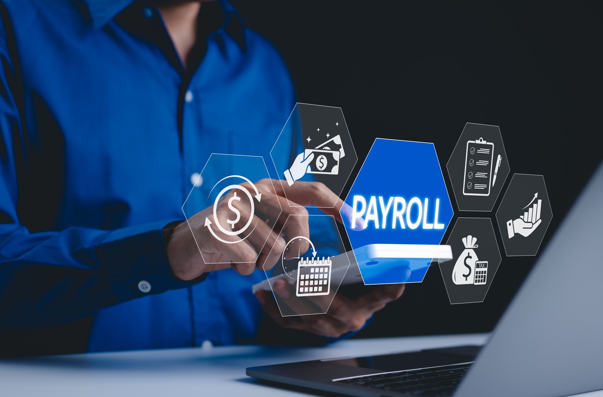 Payroll Management and Financial Processing Concept. A person interacts with payroll interface, featuring icons for salary distribution, financial tracking, scheduling, and efficient payroll.