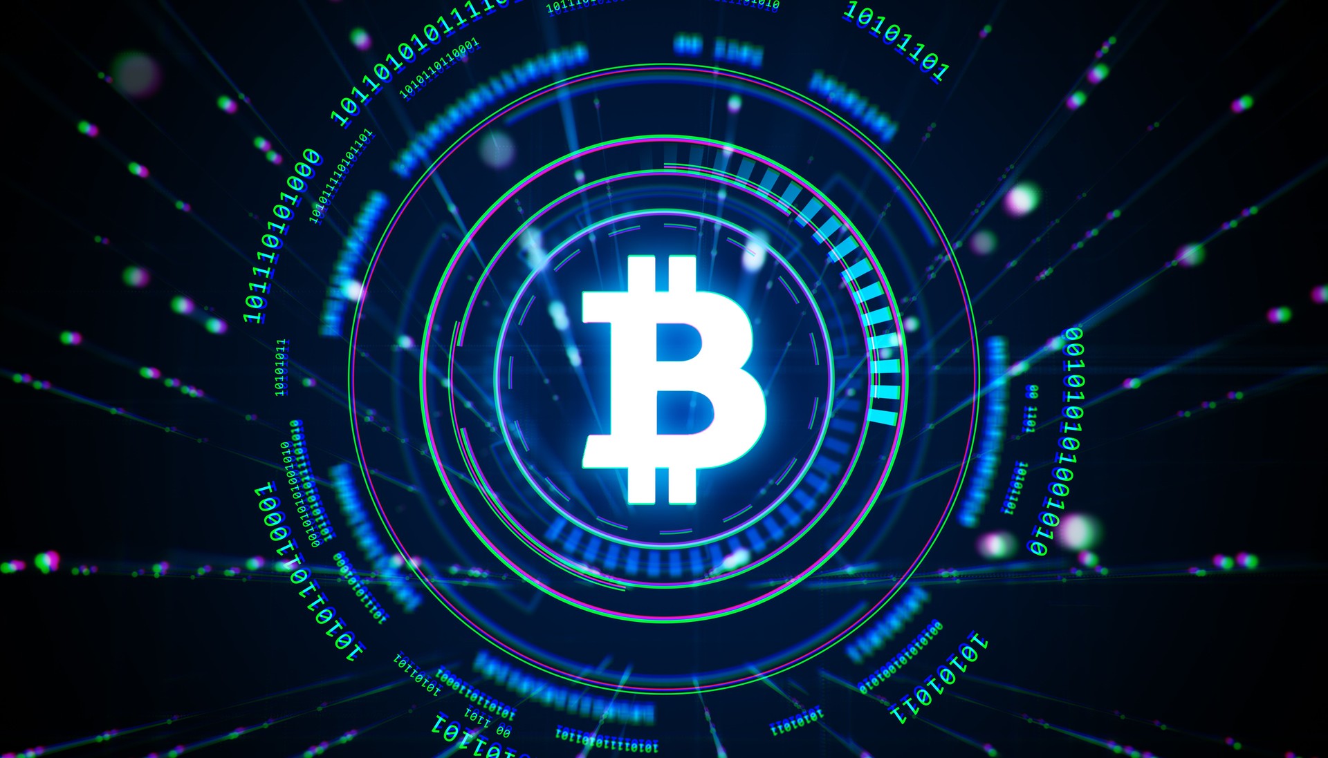 Bitcoin symbol with glowing neon design and binary code on futuristic digital background. 3D Rendering